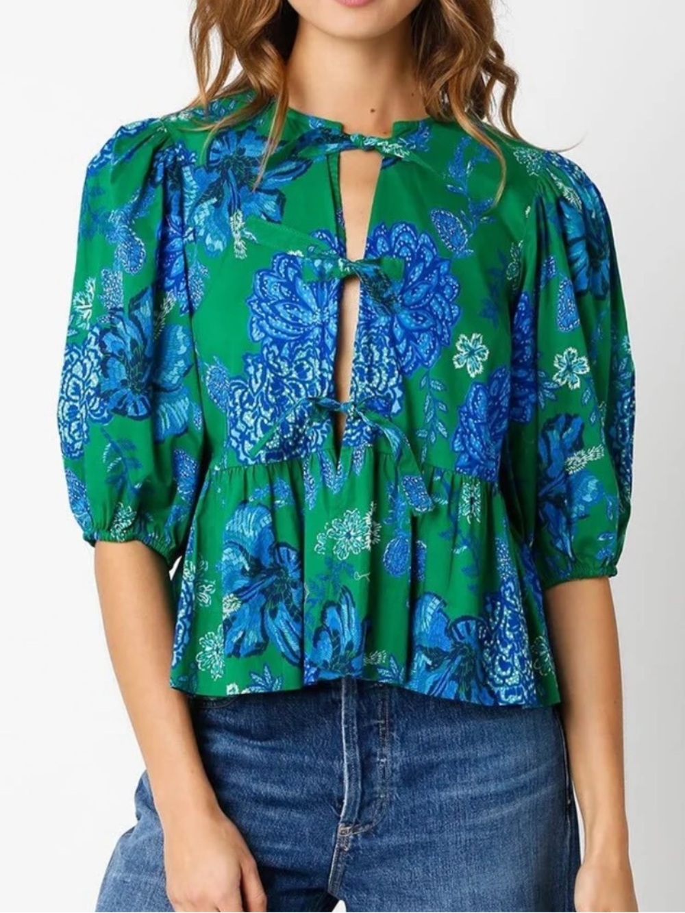 Olivaceous Green and Blue Floral Tie-Front Top
